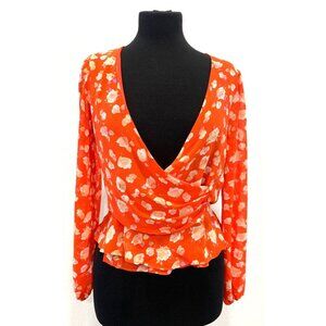 Forever 21 Orange Floral Long Sleeve Wrap Top Size S